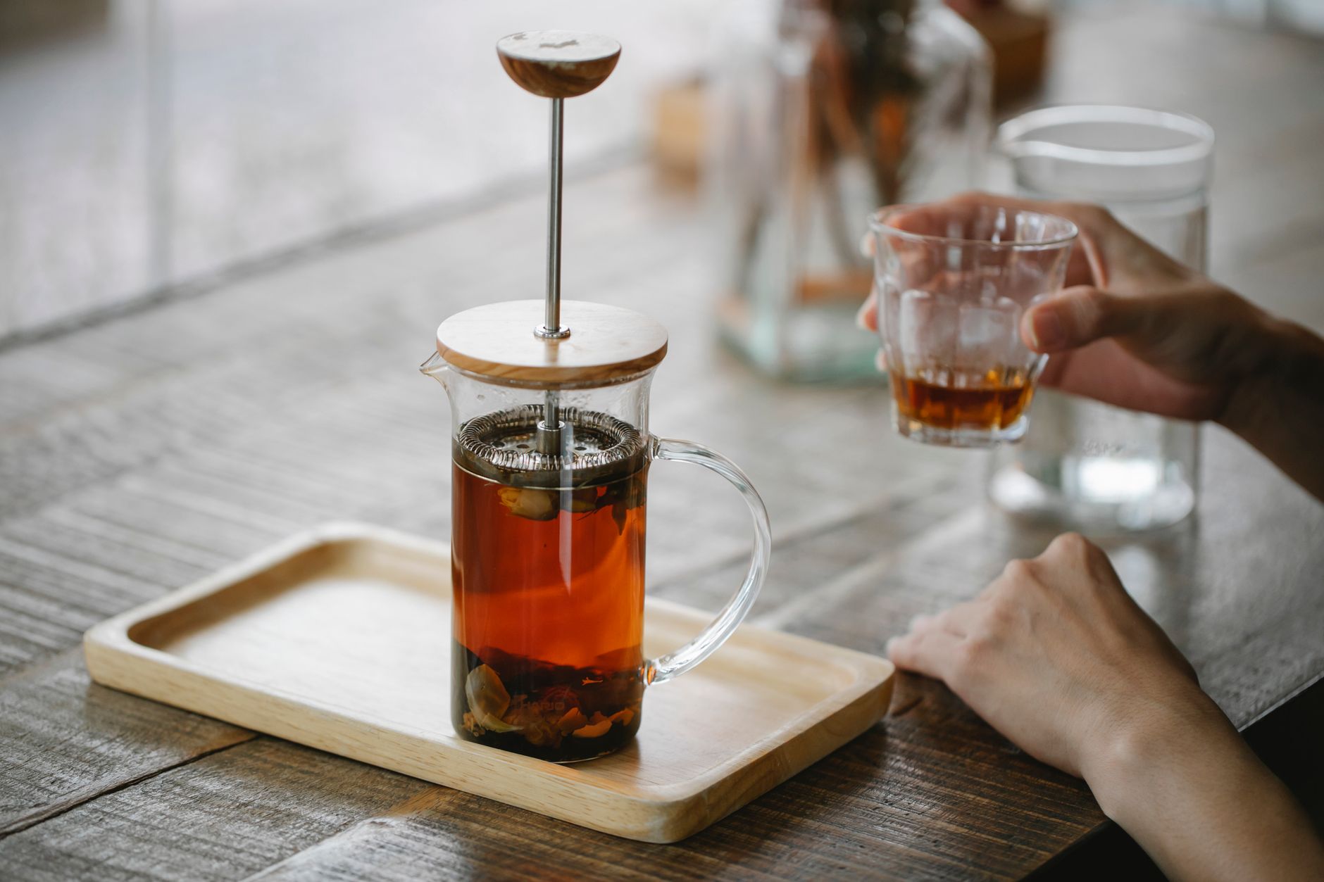 French press coarse ground coffee in glass beaker