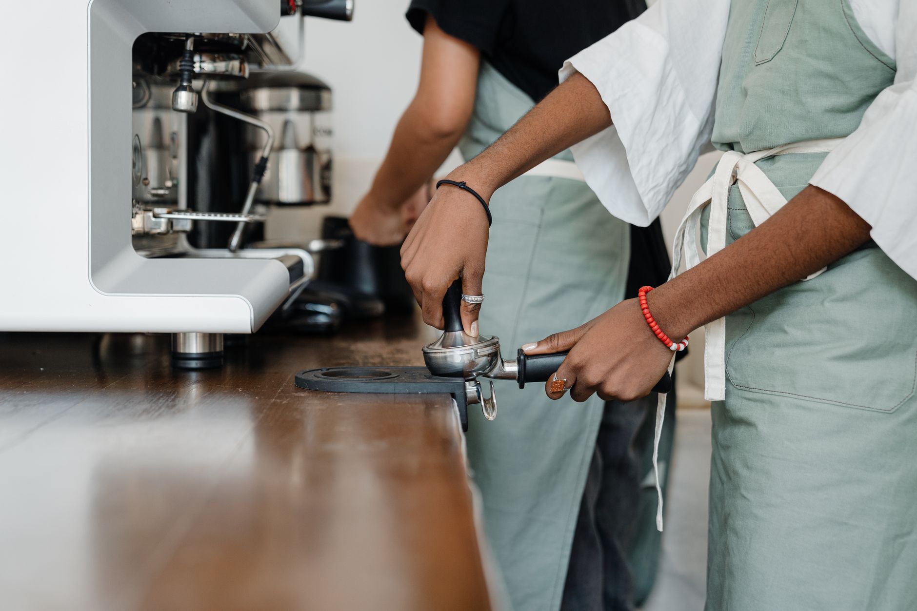 espresso portafilter tamper scale setup flat lay